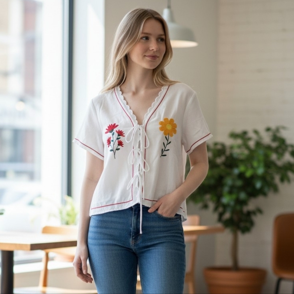 White Lace-Up Floral Embroidered Crop Top